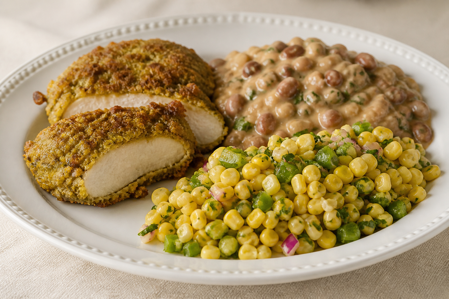 Puerto Rican Chicken Breasts in Green Plantain Crust with Creamy Pigeon Peas and Warm Corn Salad