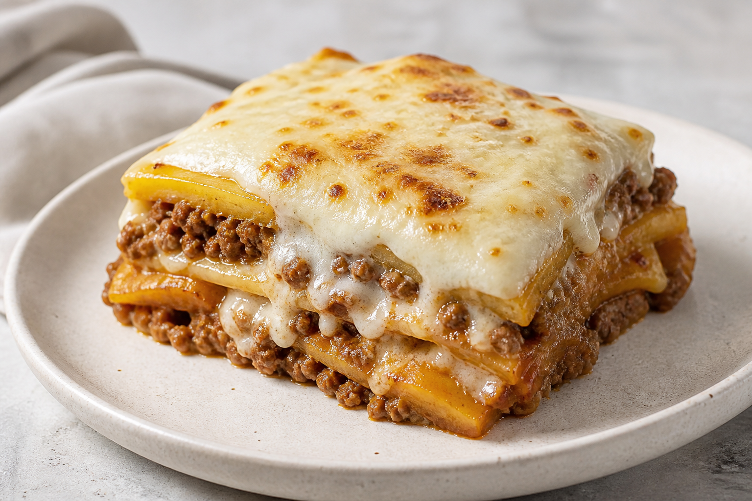 Puerto Rican Sweet Plantain Lasagna with Criollo Beef and Roasted Garlic Bechamel
