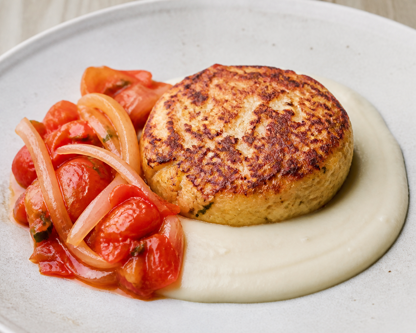 Bacalaíto de Sartén con Crema de Ñame y Ensalada Tibia de Tomate y Cebolla