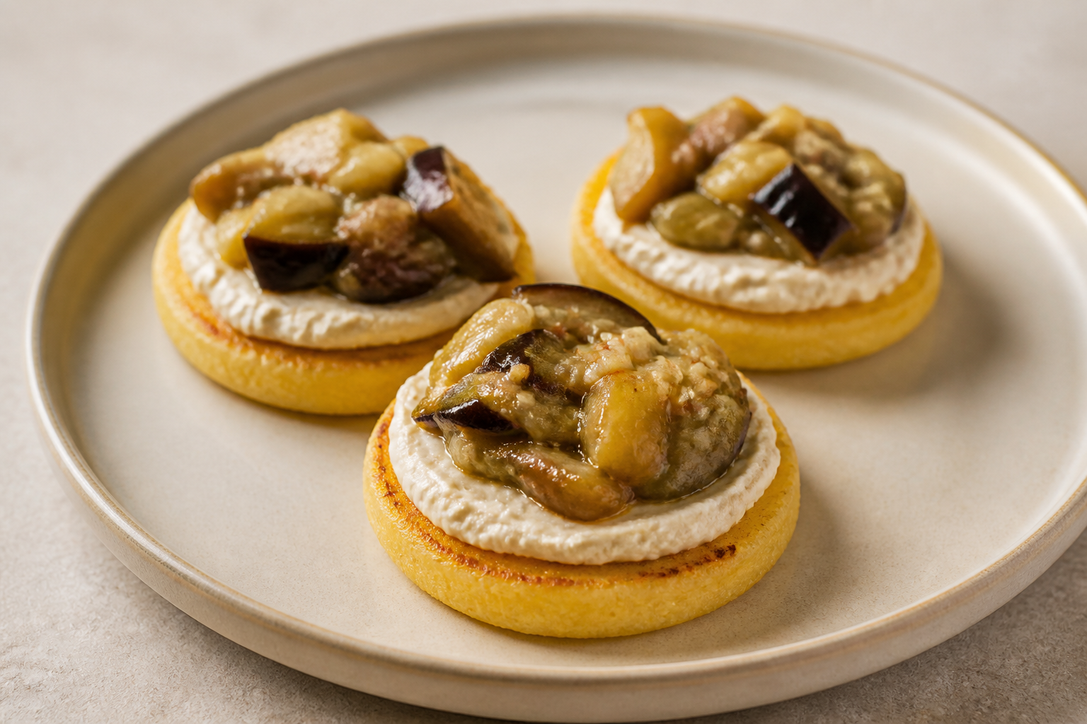 Arepa Toasts with Ají Dulce Roasted Eggplant and White Bean Cream