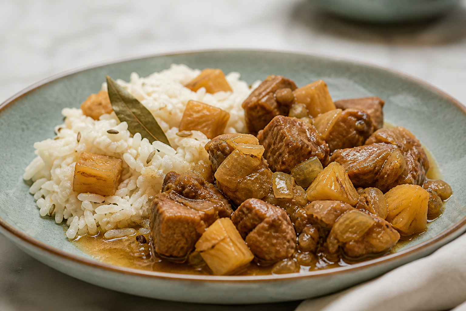 Fricasé Cubano de Cerdo con Piña Caramelizada y Arroz de Laurel