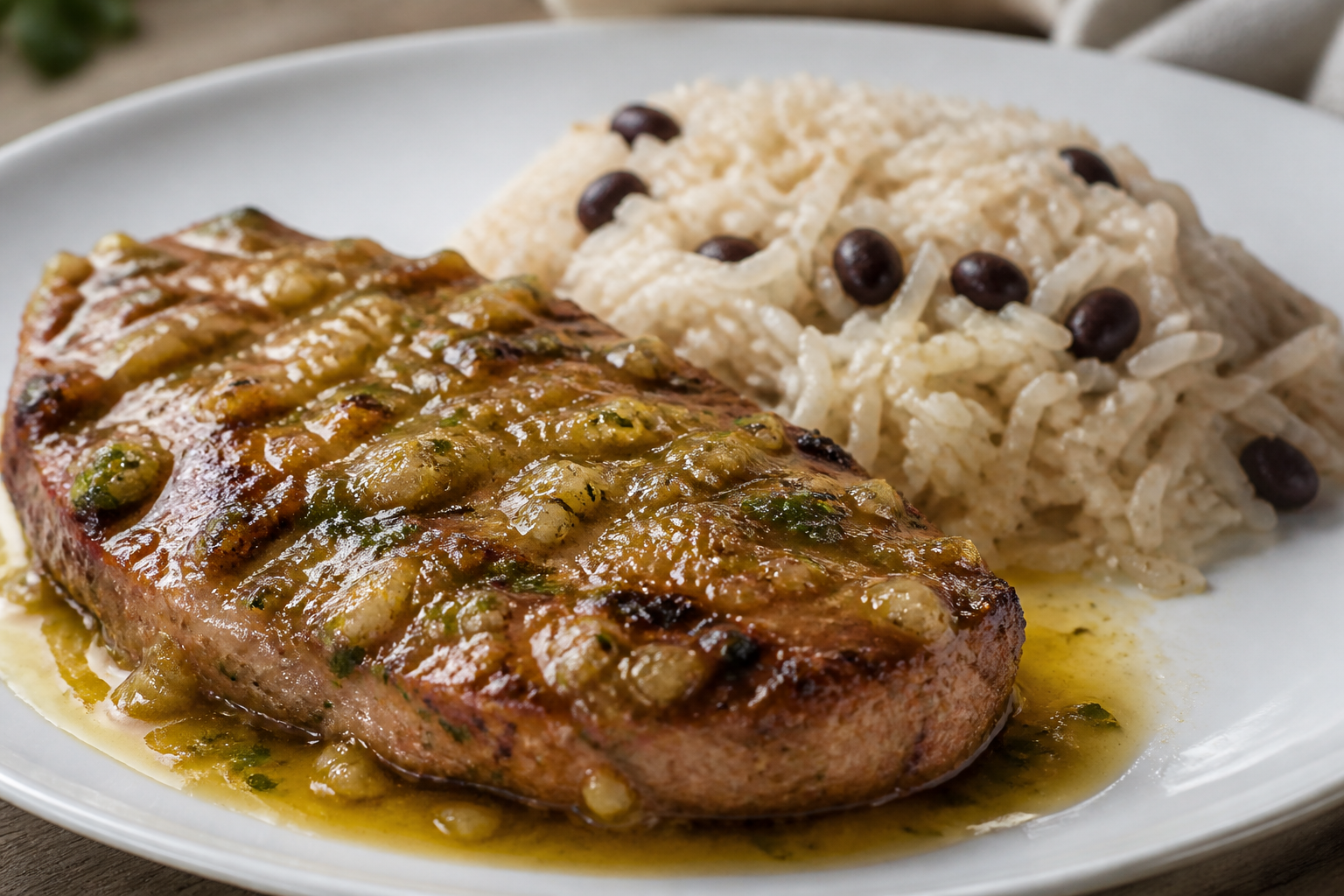 Bistec de Cerdo Cubano en Mojo de Piña y Hierbabuena con Arroz Moro Ligero