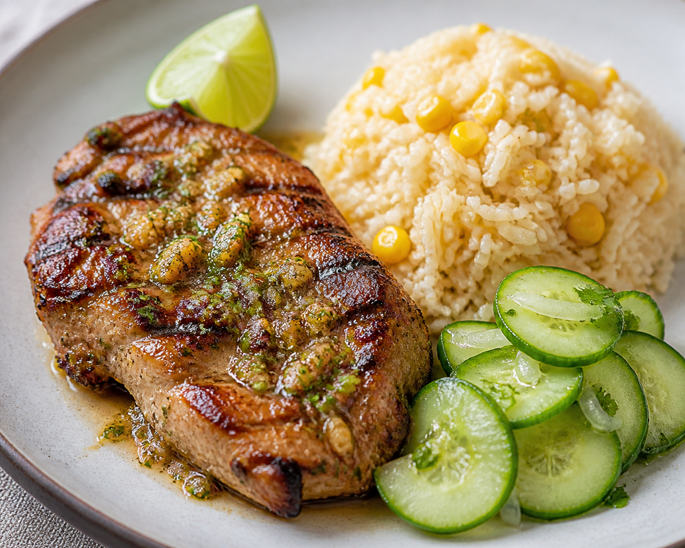 Bistec de Cerdo Cubano en Adobo de Ajo y Limón con Arroz de Maíz Tostado y Pepino Avinagrado
