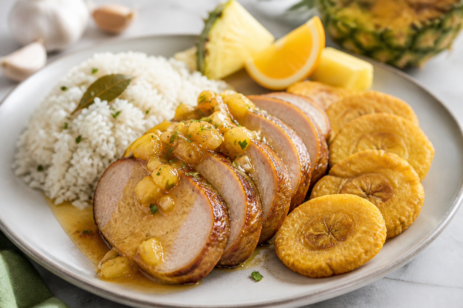 Lomo de Cerdo Cubano en Mojo de Piña Asada con Arroz de Laurel y Tostones de Ajo