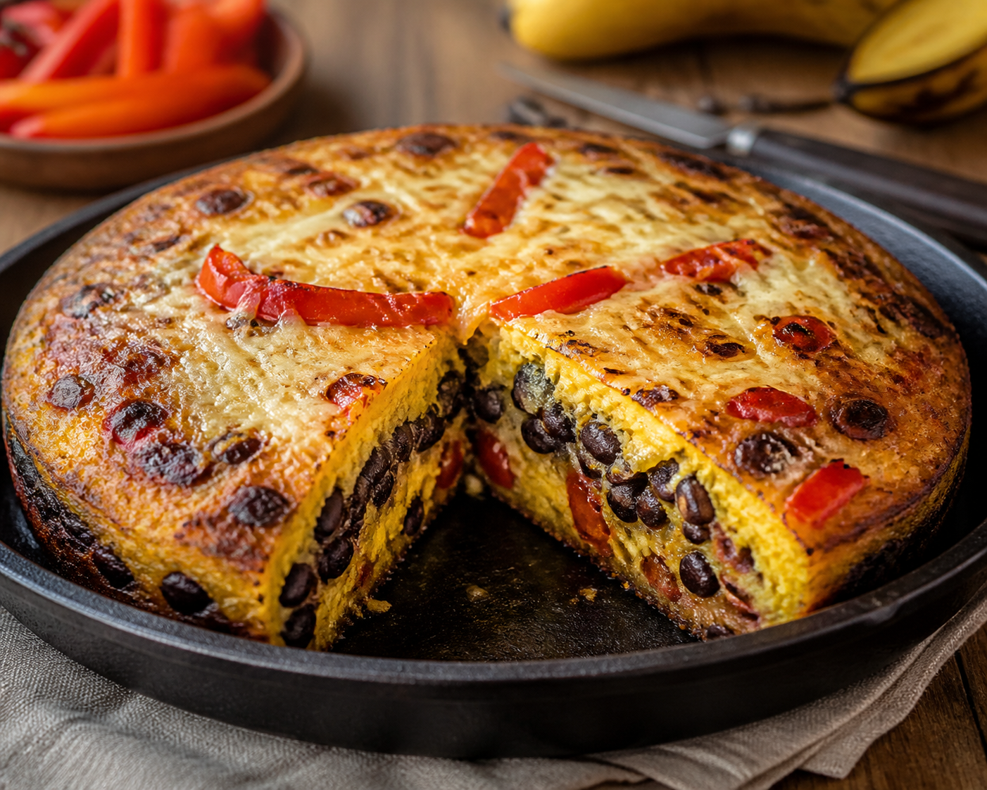 Caracas-Style Plantain, Black Bean and Cheese Skillet Torte with Sweet Pepper