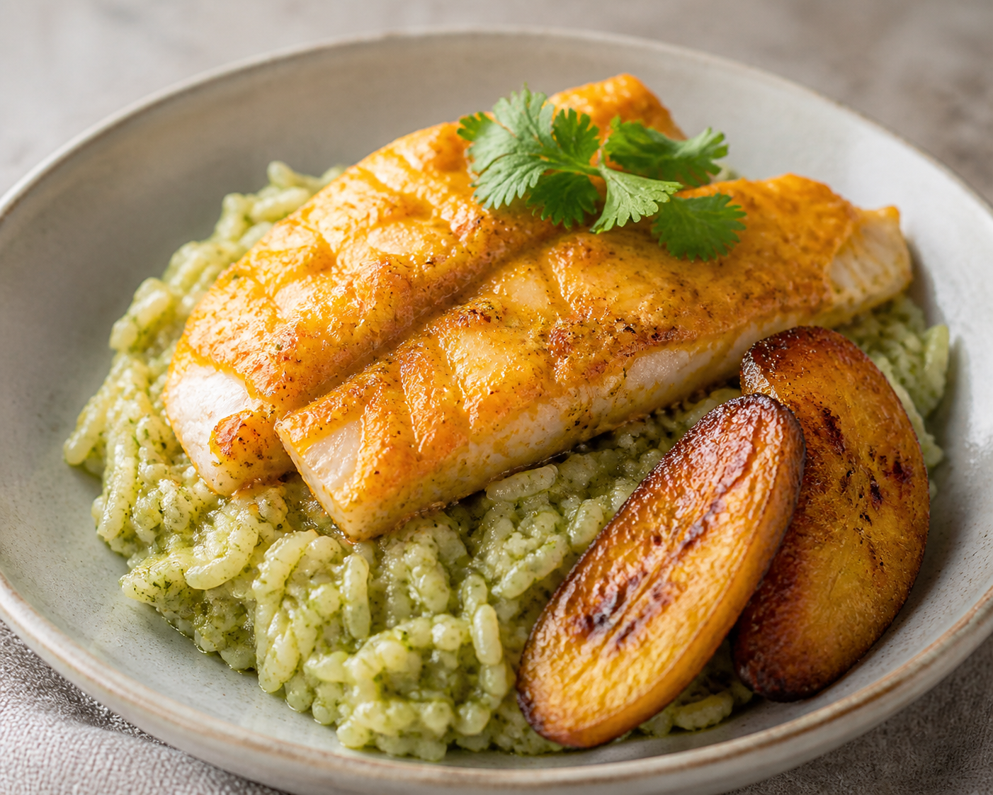 Arroz Cremoso de Huacatay y Coco con Pescado al Ají Mirasol y Plátano Bellaco Dorado