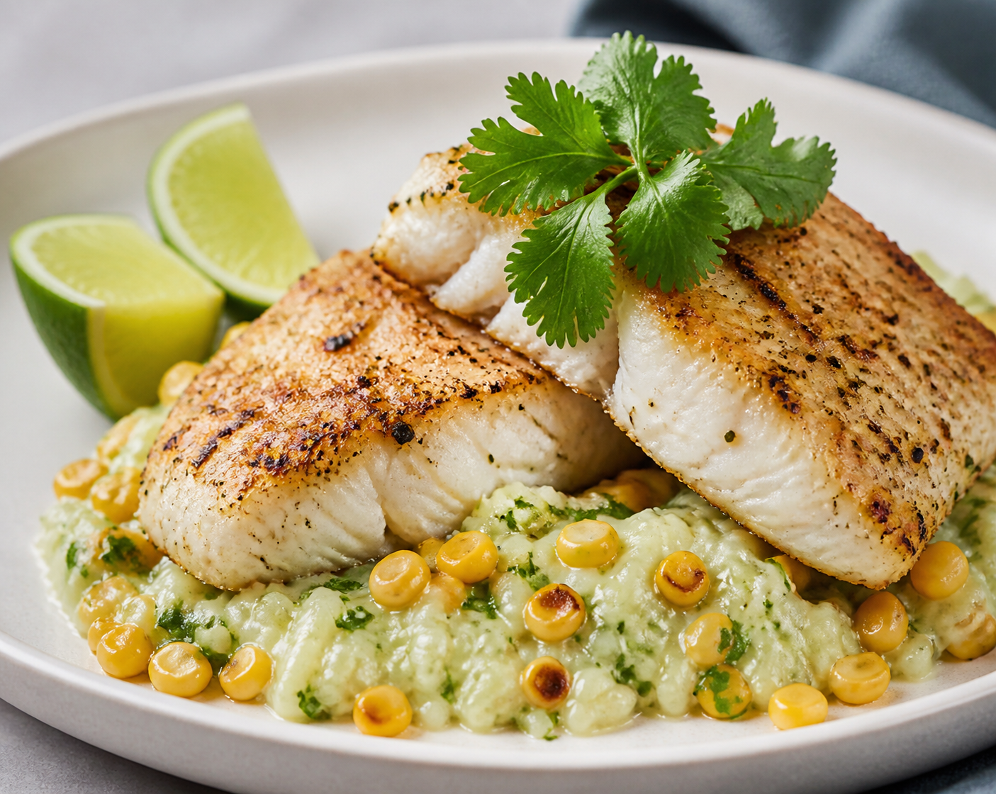 Creamy Cilantro-Coconut Rice with Seared Fish, Sautéed Corn and Gentle Lime