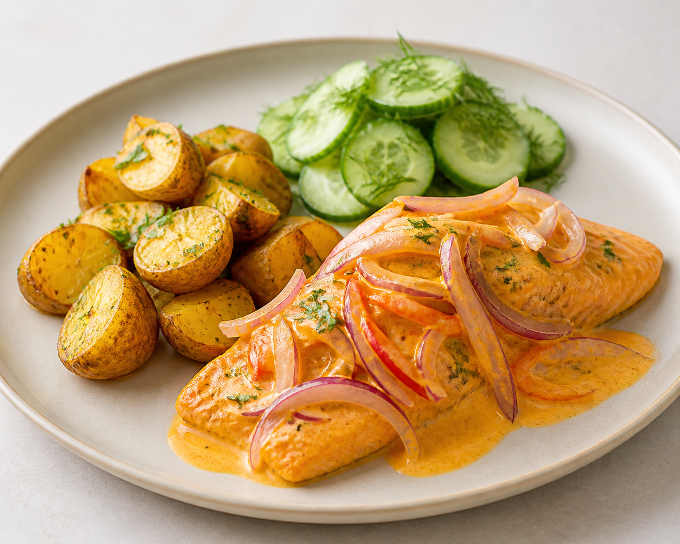 Escabeche Cremoso de Trucha con Papa Amarilla Rostizada y Ensalada de Pepino al Eneldo