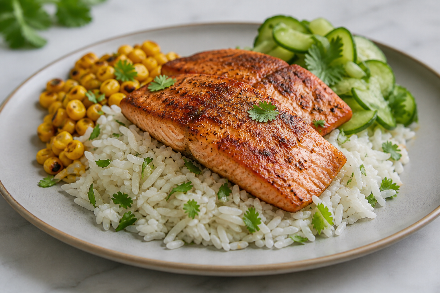 Creamy Cilantro-Coconut Rice with Seared Trout, Charred Corn, and Cucumber Salad