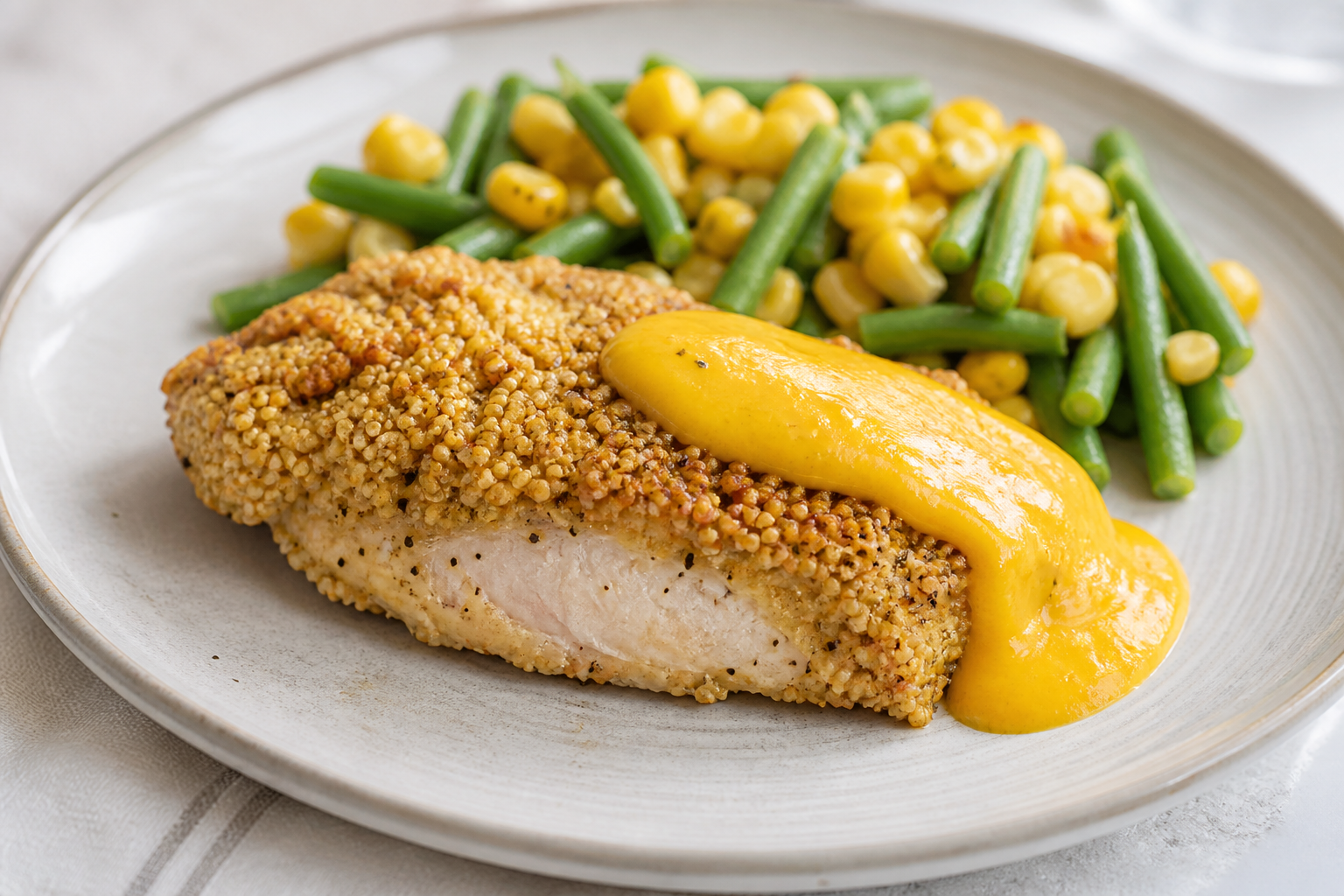 Kiwicha-Crusted Chicken Breast with Aji Amarillo Cream and Warm Corn Green Bean Salad