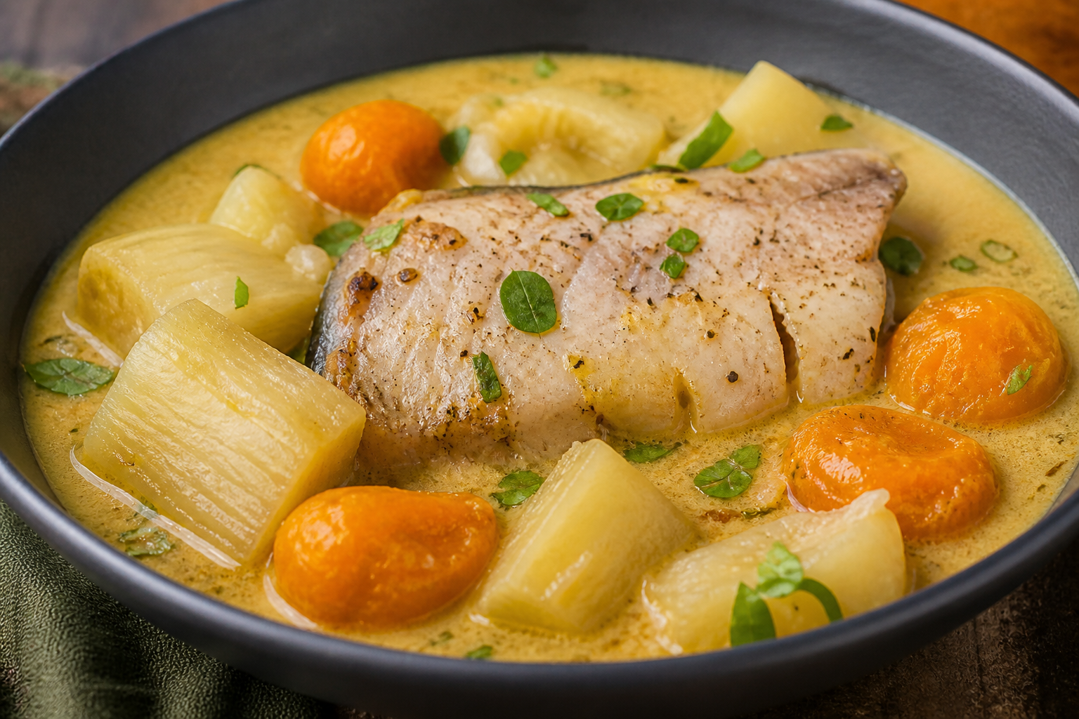 Cazuela Colombiana de Pescado Ahumado, Yuca y Chontaduro en Caldo de Coco y Hierbas