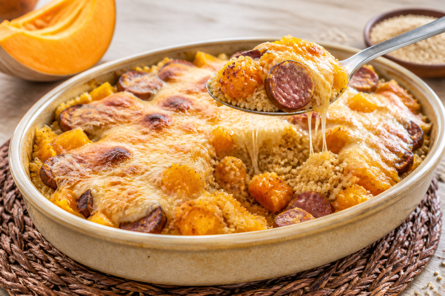 Colombian Quinoa, Criollo Sausage and Pumpkin Casserole with Cheese Crust