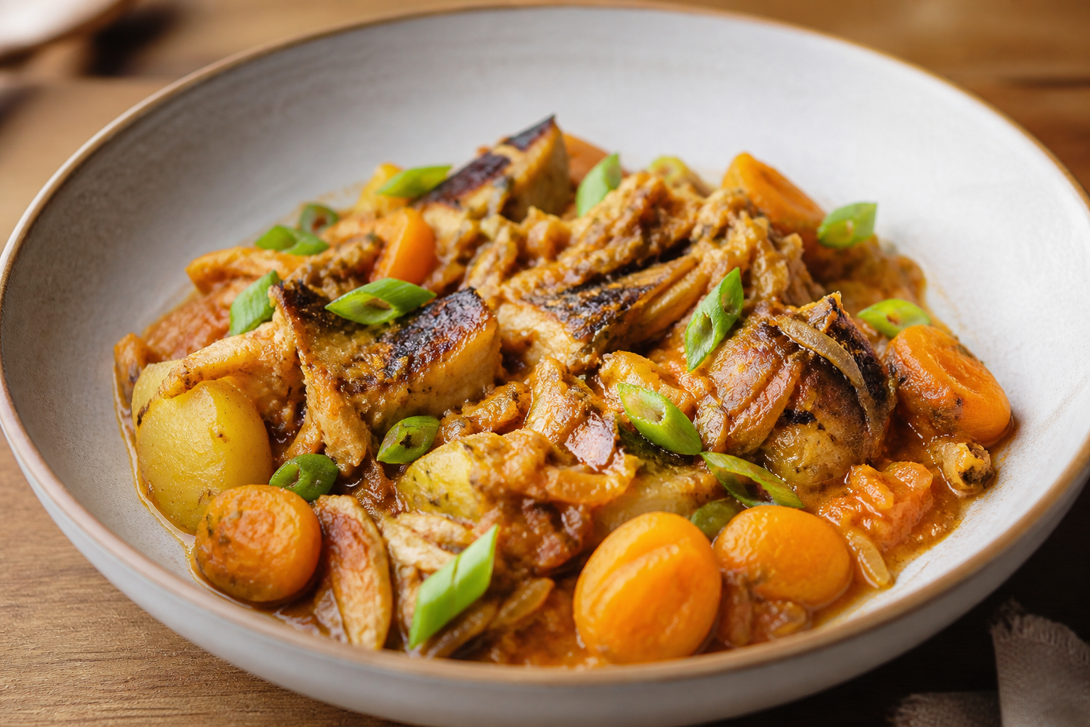 Smoky Catfish Casserole with Creole Potatoes, Chontaduro and Coconut Hogao