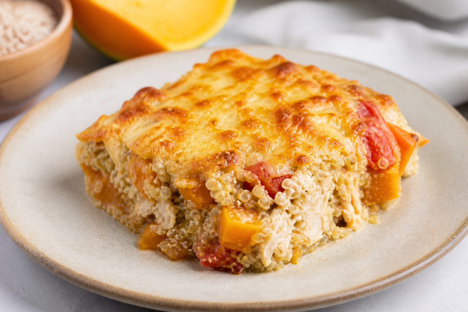 Colombian Quinoa, Chicken and Pumpkin Casserole with Cheese Crust