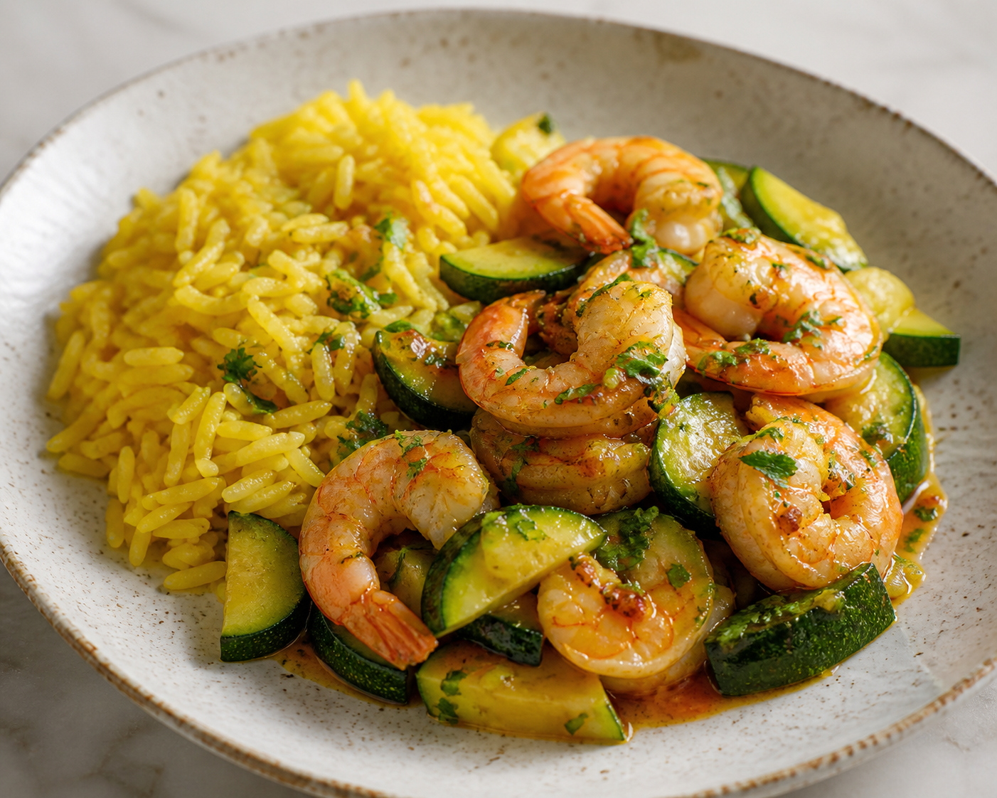 Camarones Brasileños con Arroz de Dendê, Calabacín y Vinagreta Tibia de Lima