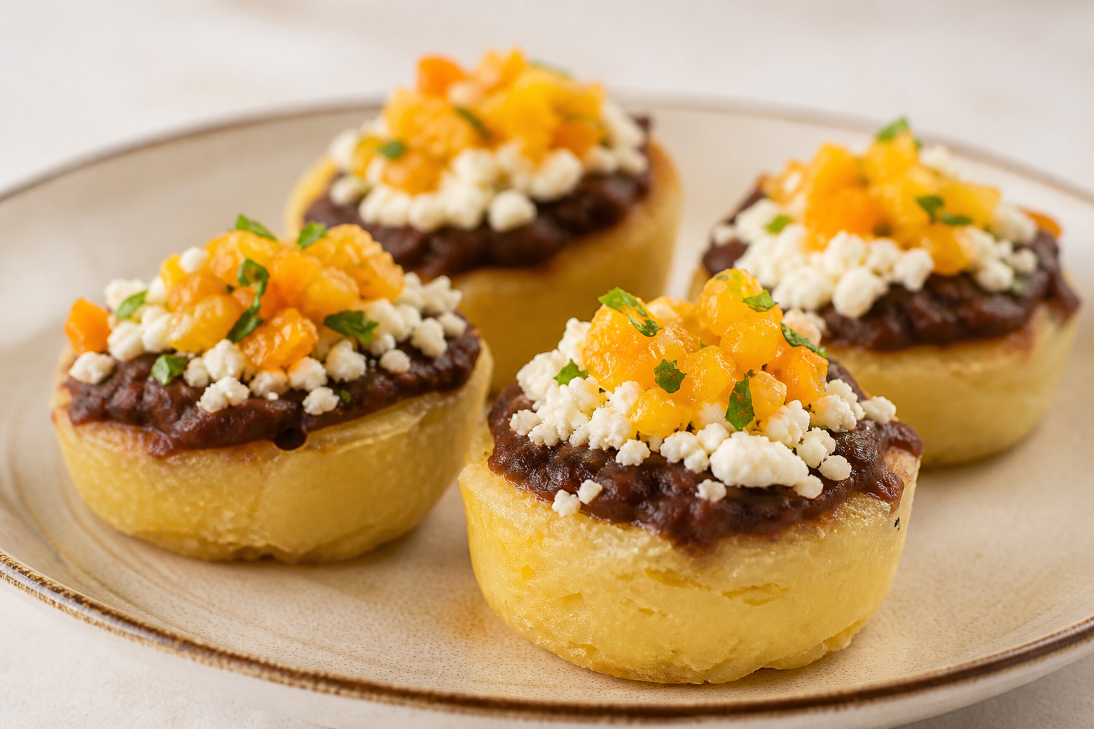 Brazilian Cassava Cups with Creamy Black Beans, Minas Cheese and Orange Vinaigrette