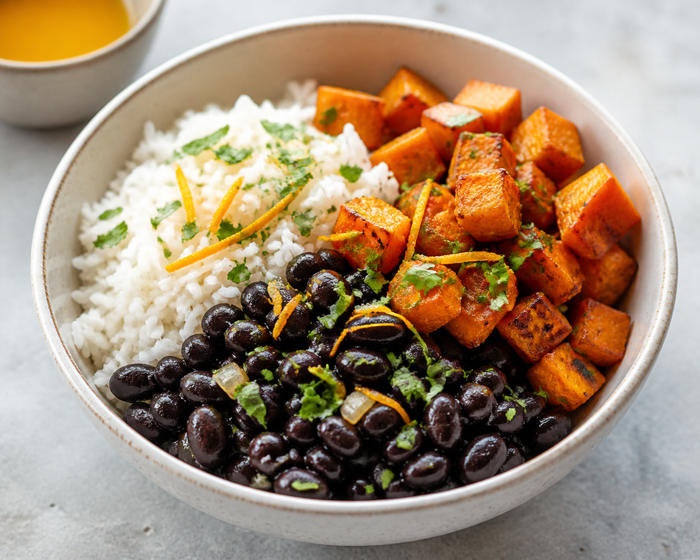 Brazilian Black Bean Bowls with Roasted Squash, Coconut Rice and Orange Vinaigrette