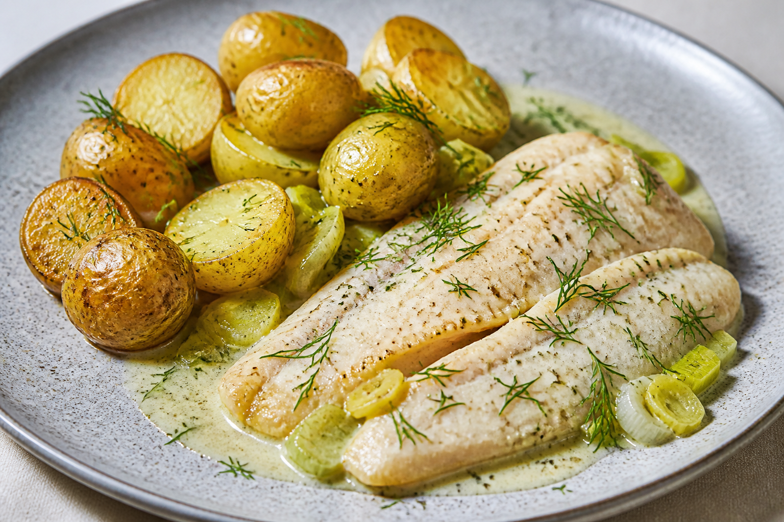 Patagonian trout and baby potato bake with dill and gentle leek cream
