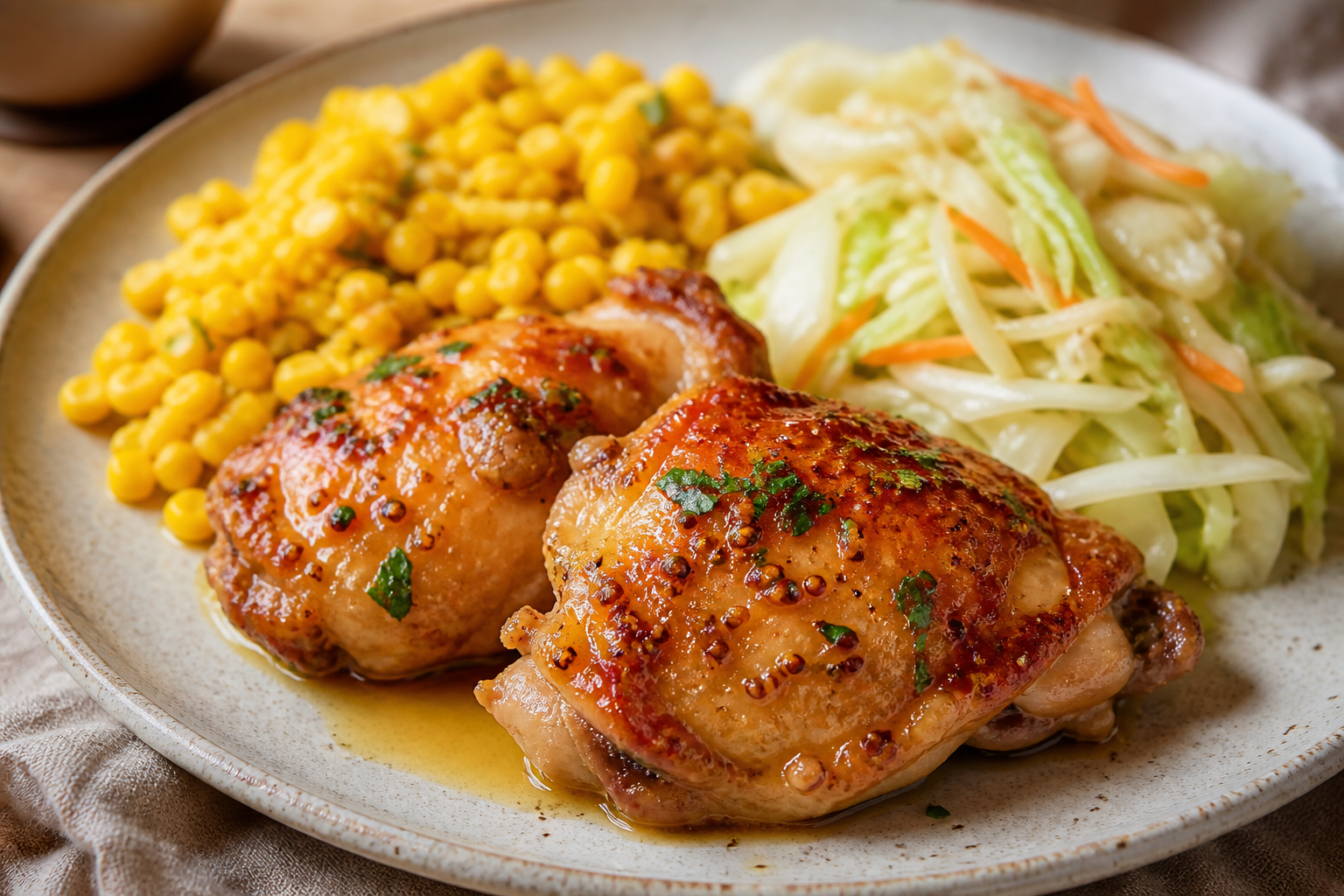 Pollo pampeano a la mostaza suave con crocante de maíz y ensalada tibia de repollo