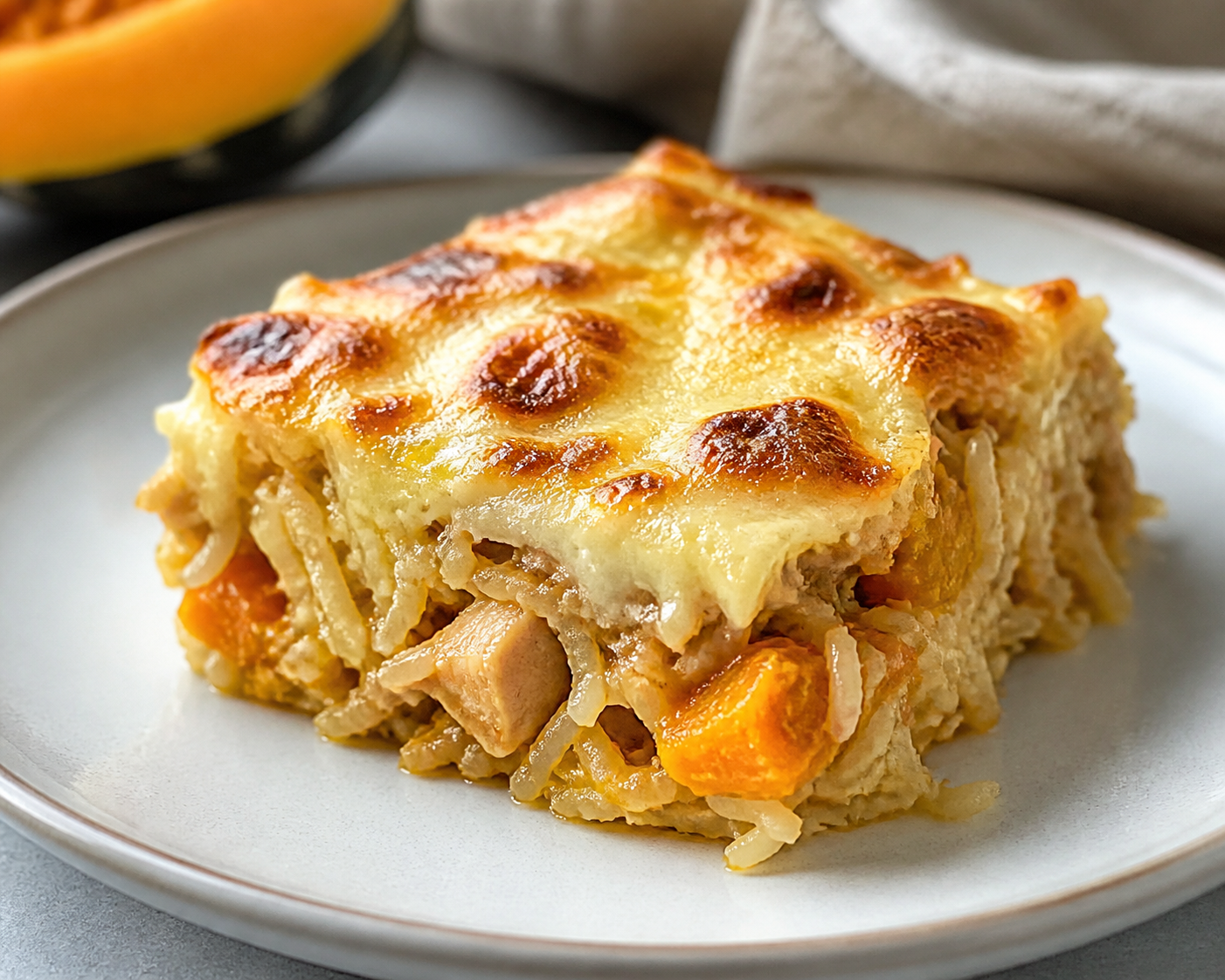 Pastel criollo de arroz y pollo al ají suave con calabaza asada y gratín de queso pategrás
