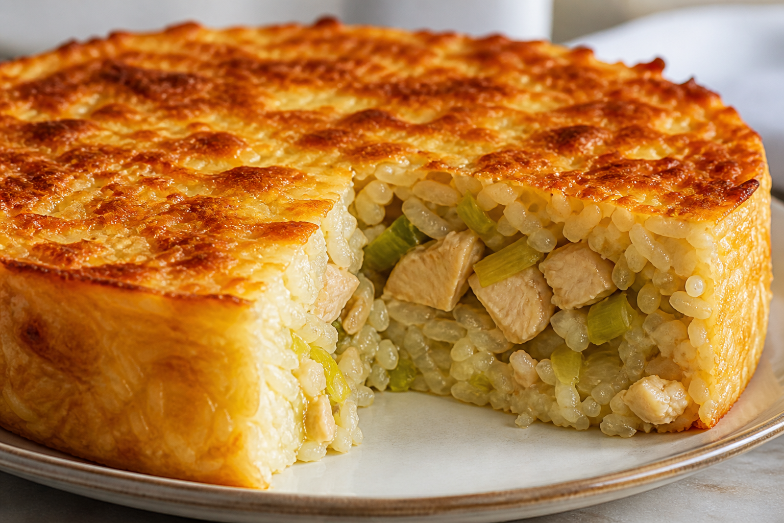 Argentine creamy rice pie with lemon chicken, browned leek, and sardo cheese crust