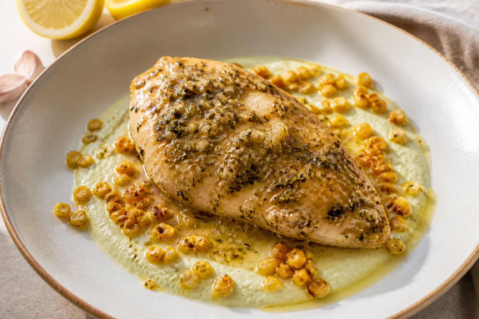 Pollo pampeano al limón con crema de puerro y crocante de maíz