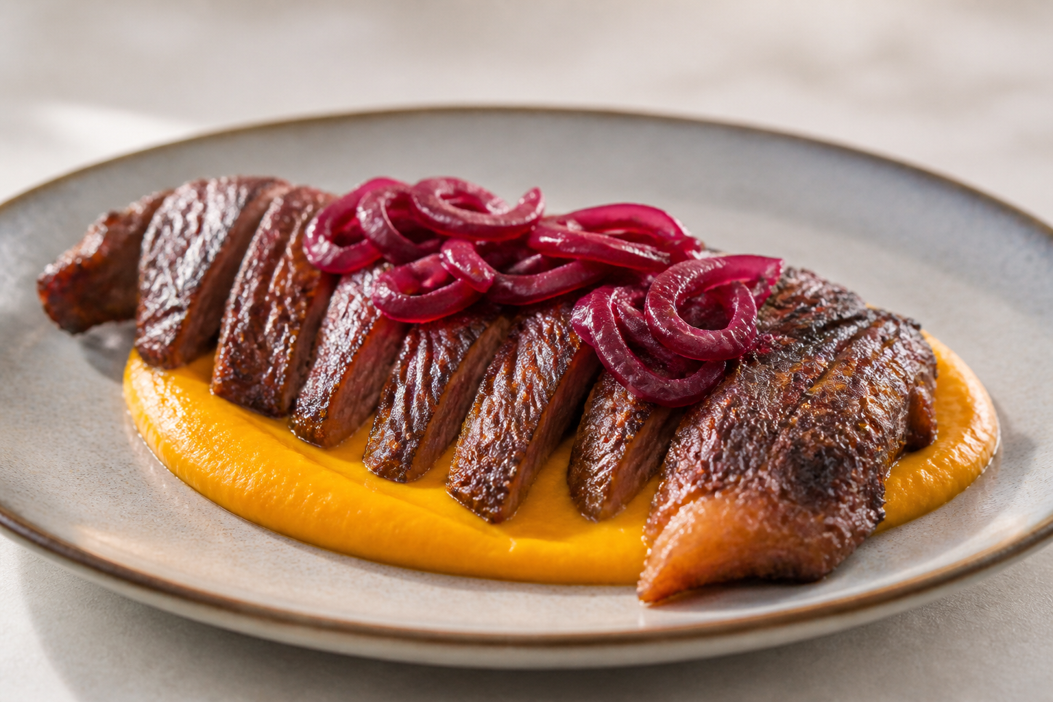 Crispy Matambrito with Aji Molido Pumpkin Cream and Red Wine Onions