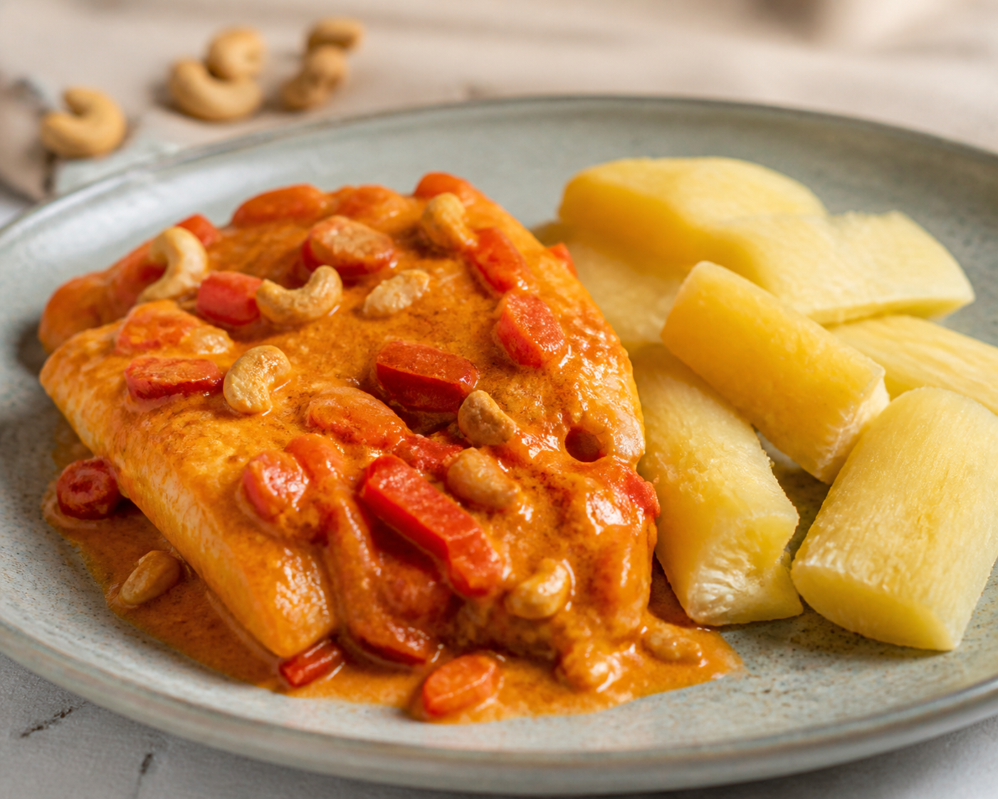 Pescado Hondureño en Salsa de Marañón Tostado y Chile Dulce con Yuca Dorada