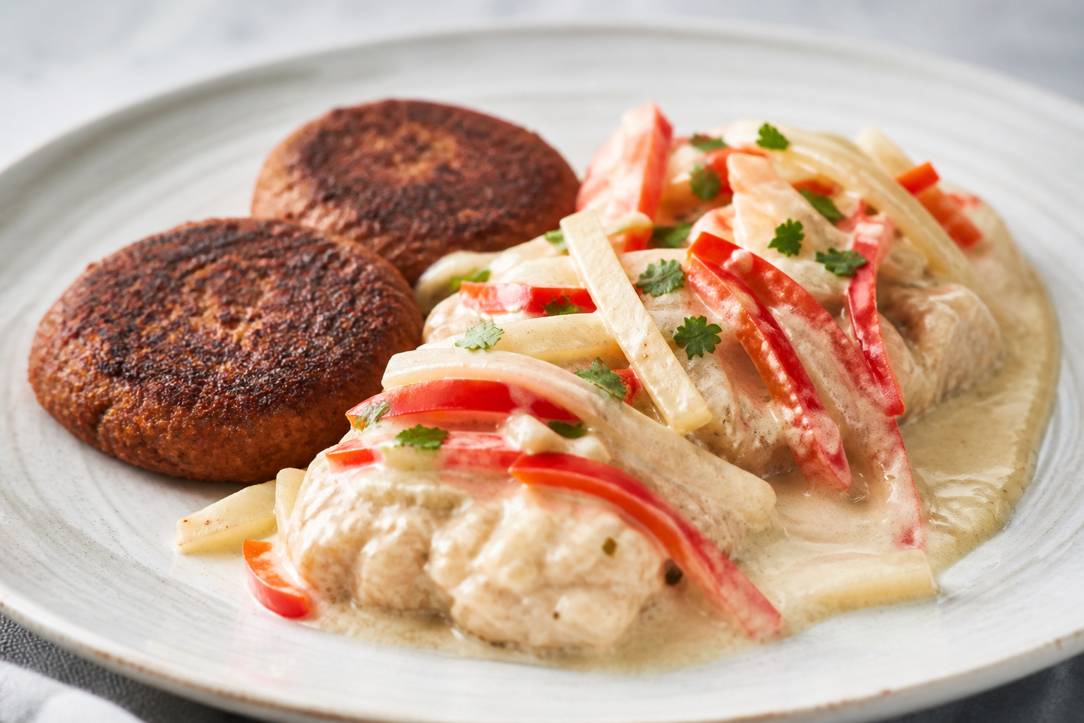 Pescado Hondureño en Salsa de Jícama, Coco y Chile Dulce con Tortitas de Frijol Rojo