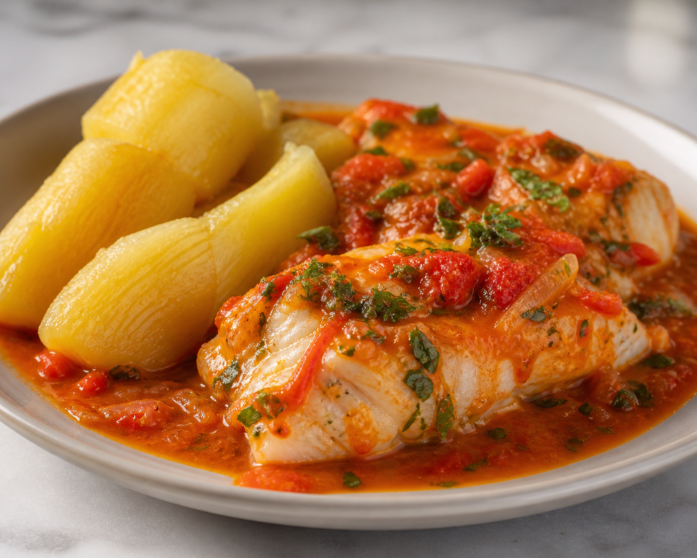Honduran fish in roasted tomato and coconut recado with golden cassava