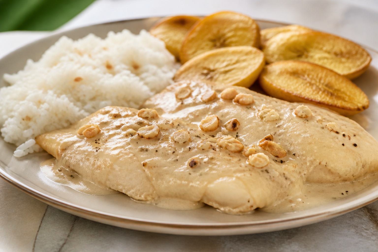 Pescado Hondureño en Salsa de Marañón Tostado con Arroz de Coco Suave y Tajadas de Plátano Verde