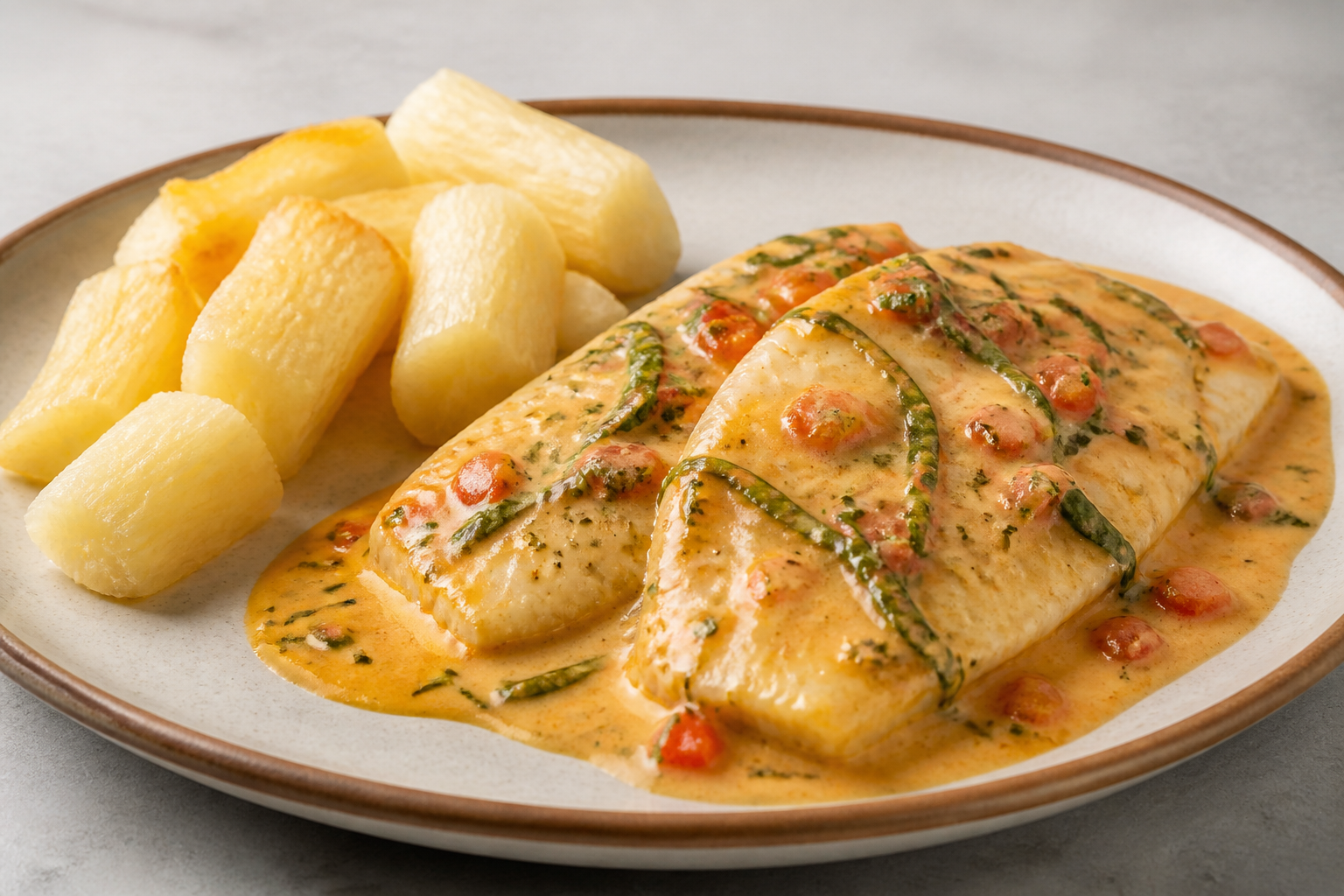 Pescado Hondureño en Salsa de Jengibre, Coco y Culantro con Yuca Rostizada