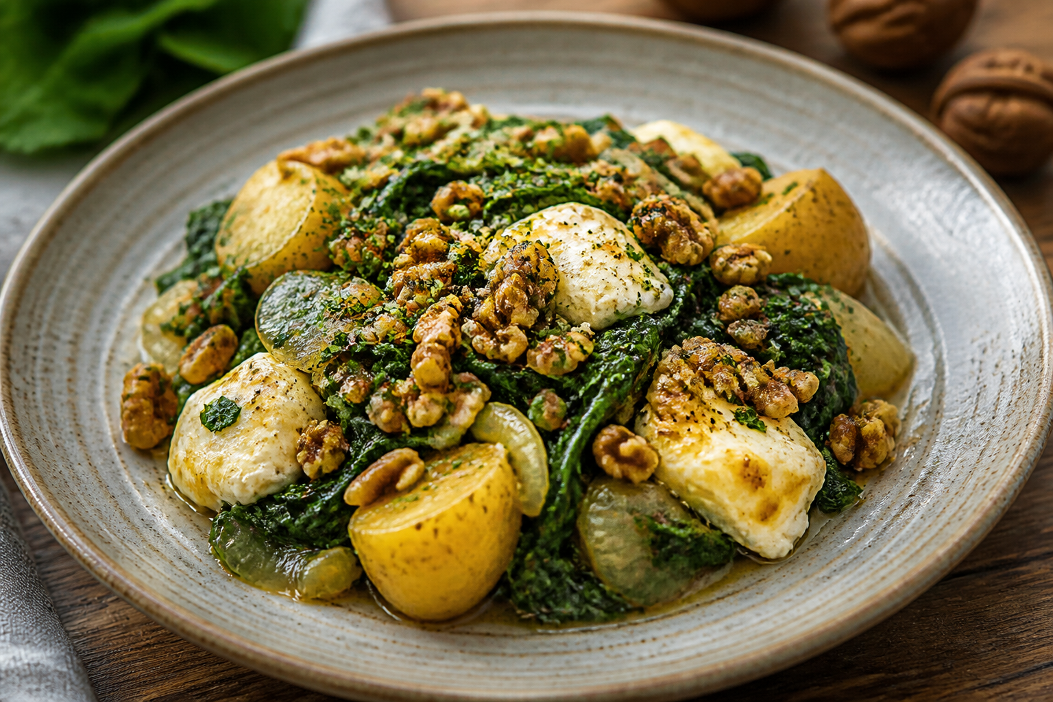 Chilean Baby Potato, Spinach and Goat Cheese Bake with Warm Walnut Pebre