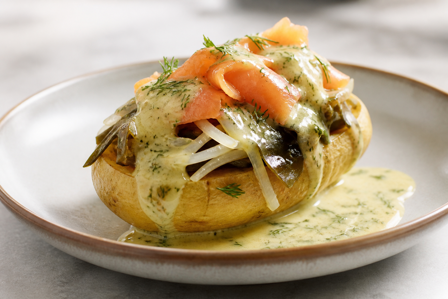Papas Rellenas Chilotas de Salmón Ahumado y Cochayuyo con Salsa Tibia de Eneldo