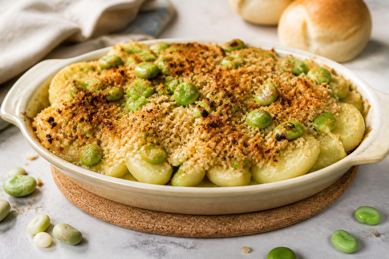 Chilean Fava Bean, Potato and Chanco Cheese Bake with Merkén Marraqueta Crumbs