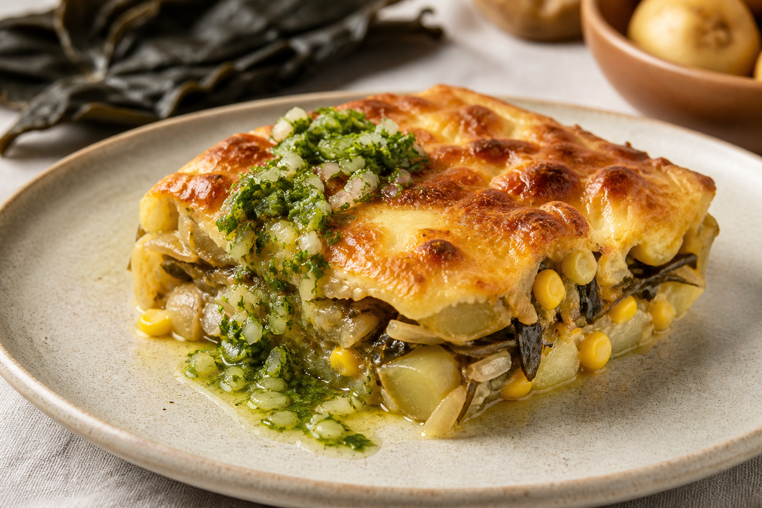 Pastel Chileno de Cochayuyo, Papa y Choclo con Costra de Chanco y Pebre Tibio de Cilantro