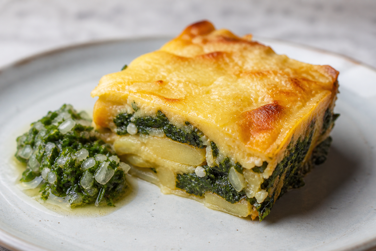 Chilean Potato, Spinach and Goat Cheese Pie with Warm Green Chili Pebre