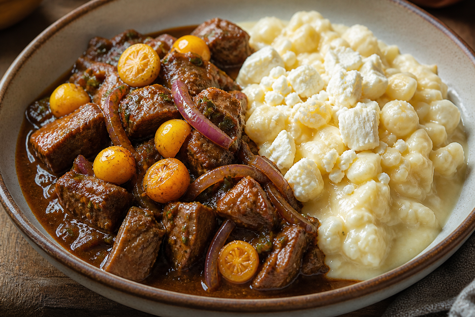 Quito-Style Beef Seco with Goldenberry and Creamy Hominy with Cheese