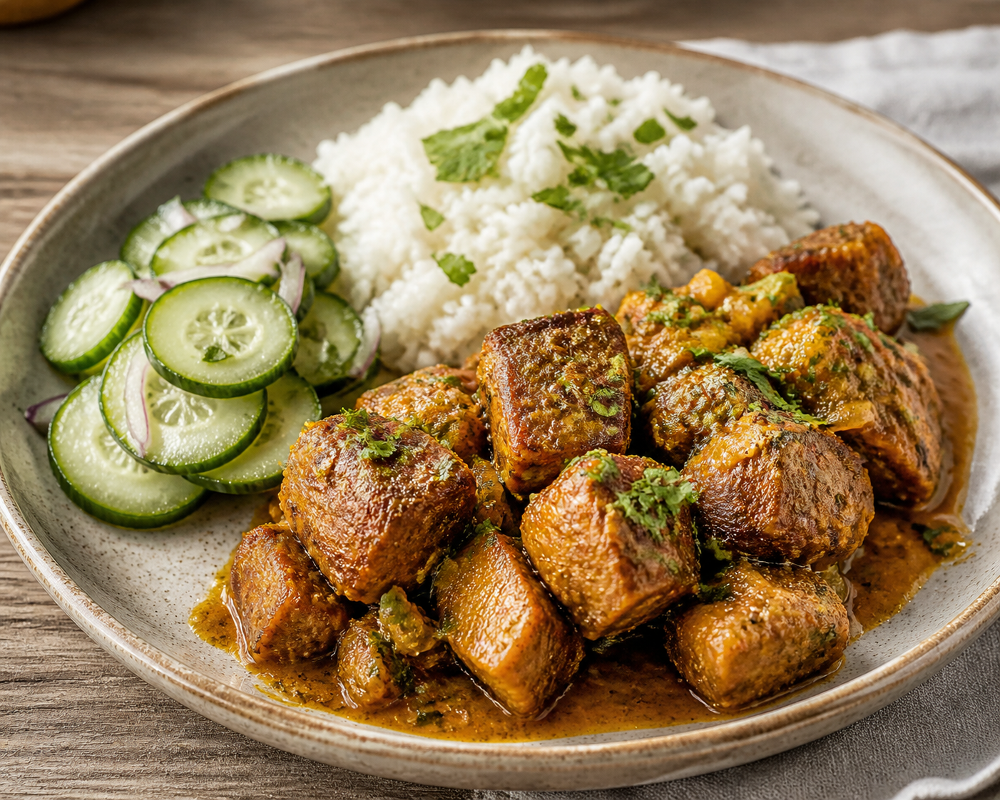 Coastal Ecuadorian Pork Seco with Naranjilla and Cilantro, served with Creamy Coconut Rice and Pickled Cucumber