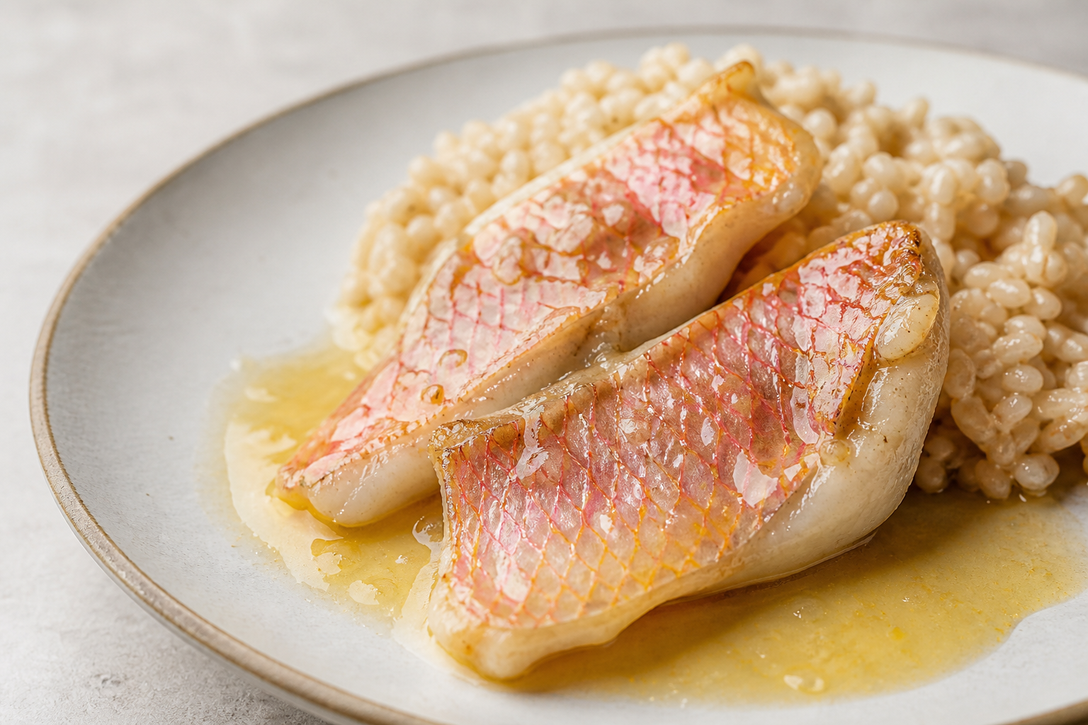 Pargo Criollo en Salsa de Jugo de Caña y Ají Suave con Arroz de Cebada Tierna