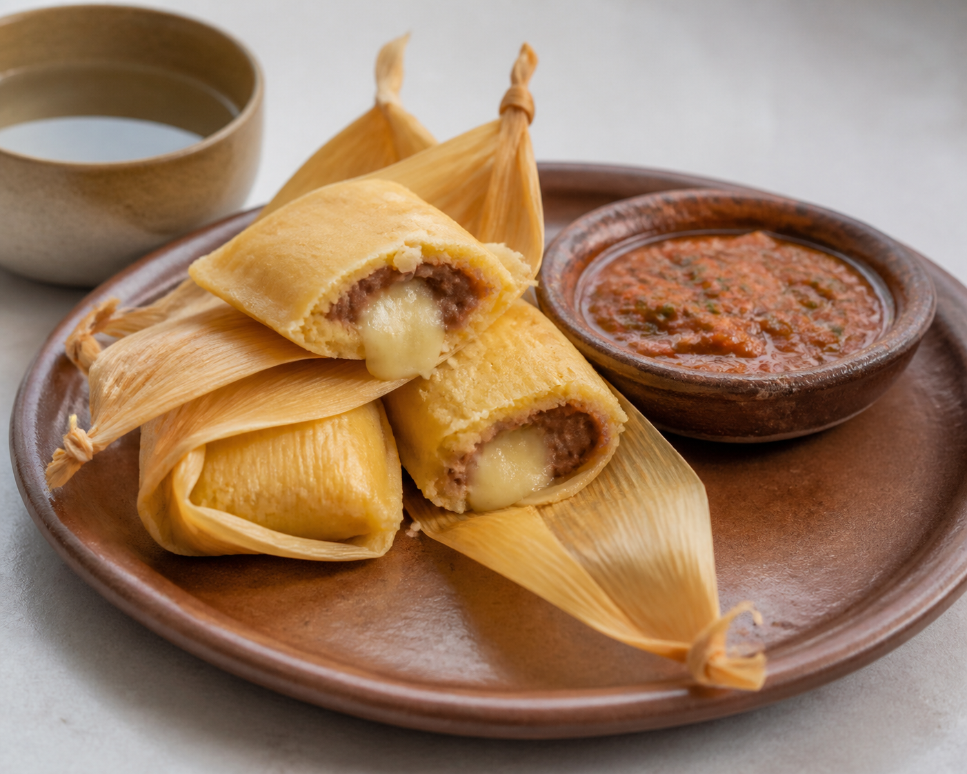 Salvadoran tender bean and cheese tamalitos with roasted tomato and mint sauce