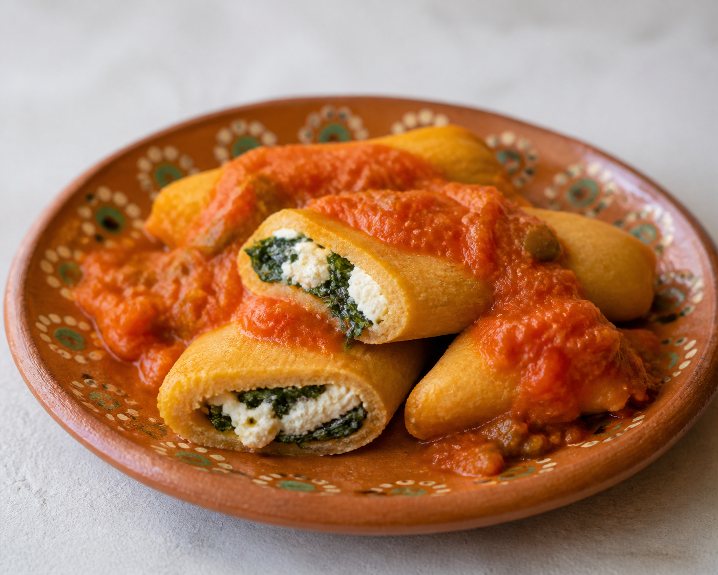 Tamalitos salvadoreños de maíz tostado con espinaca, requesón y salsa de tomate al chile verde