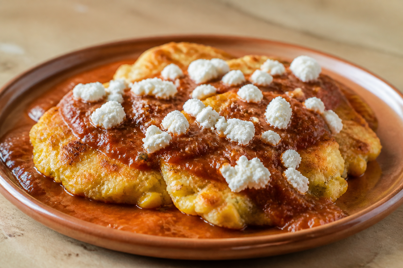 Tortitas salvadoreñas de maíz y plátano verde con requesón y salsa de tomate al chile pasa