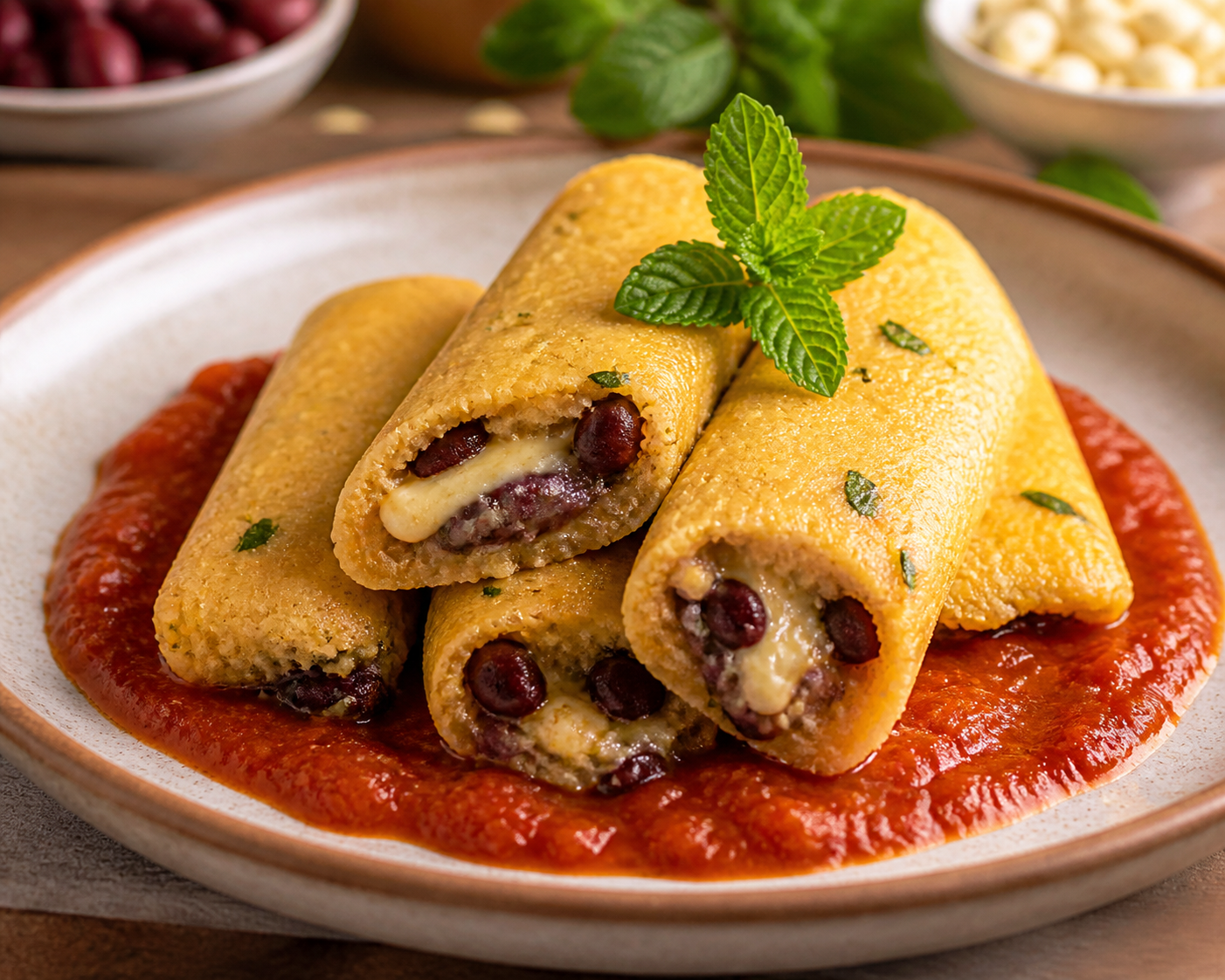 Tamalitos dorados de maíz y hierbabuena con relleno de frijol rojo y queso, sobre salsa de tomate asado