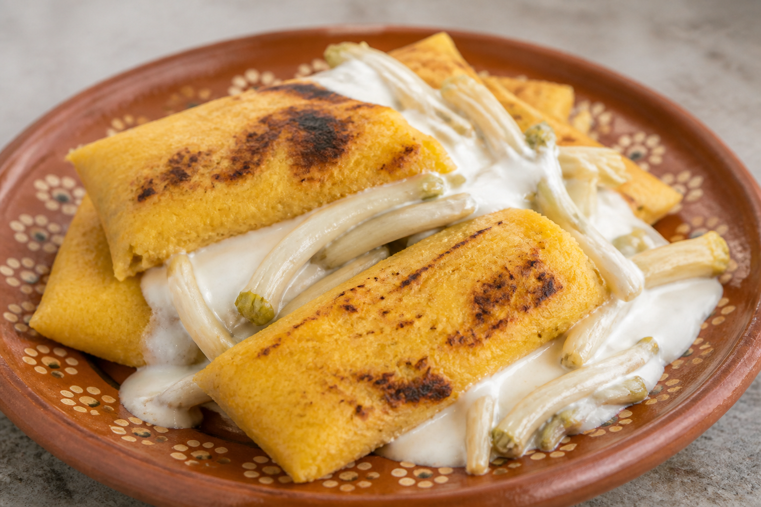 Tamalitos salvadoreños de maíz tostado con hongos al loroco y crema de quesillo