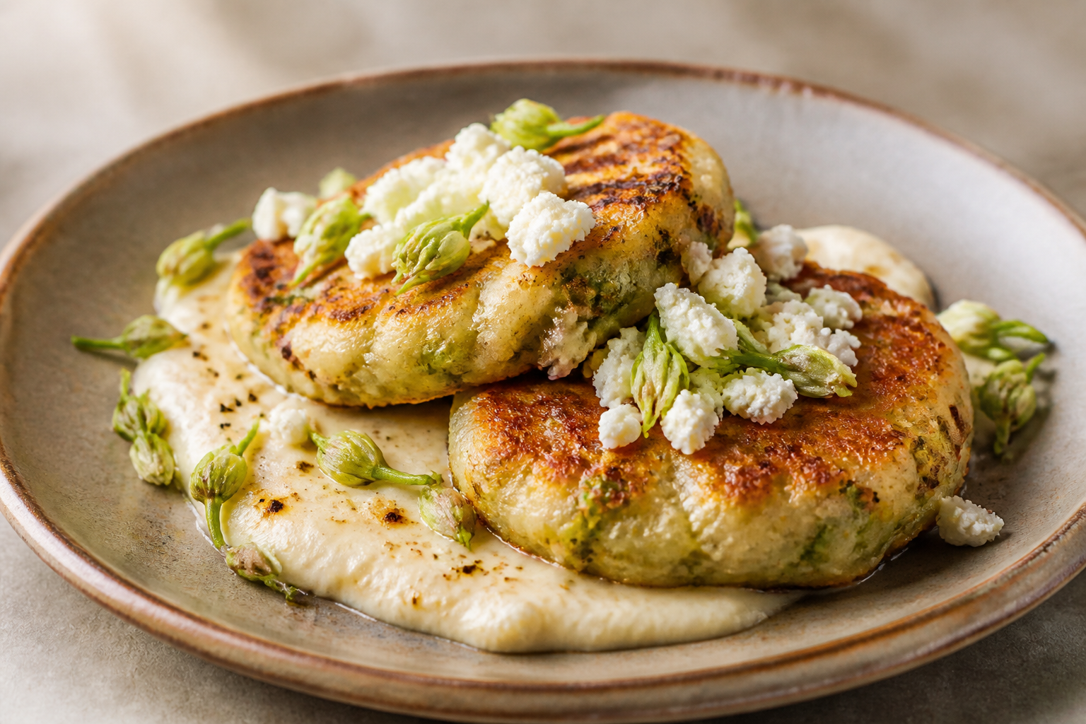 Tortitas salvadoreñas de yuca y loroco con crema de maíz tostado