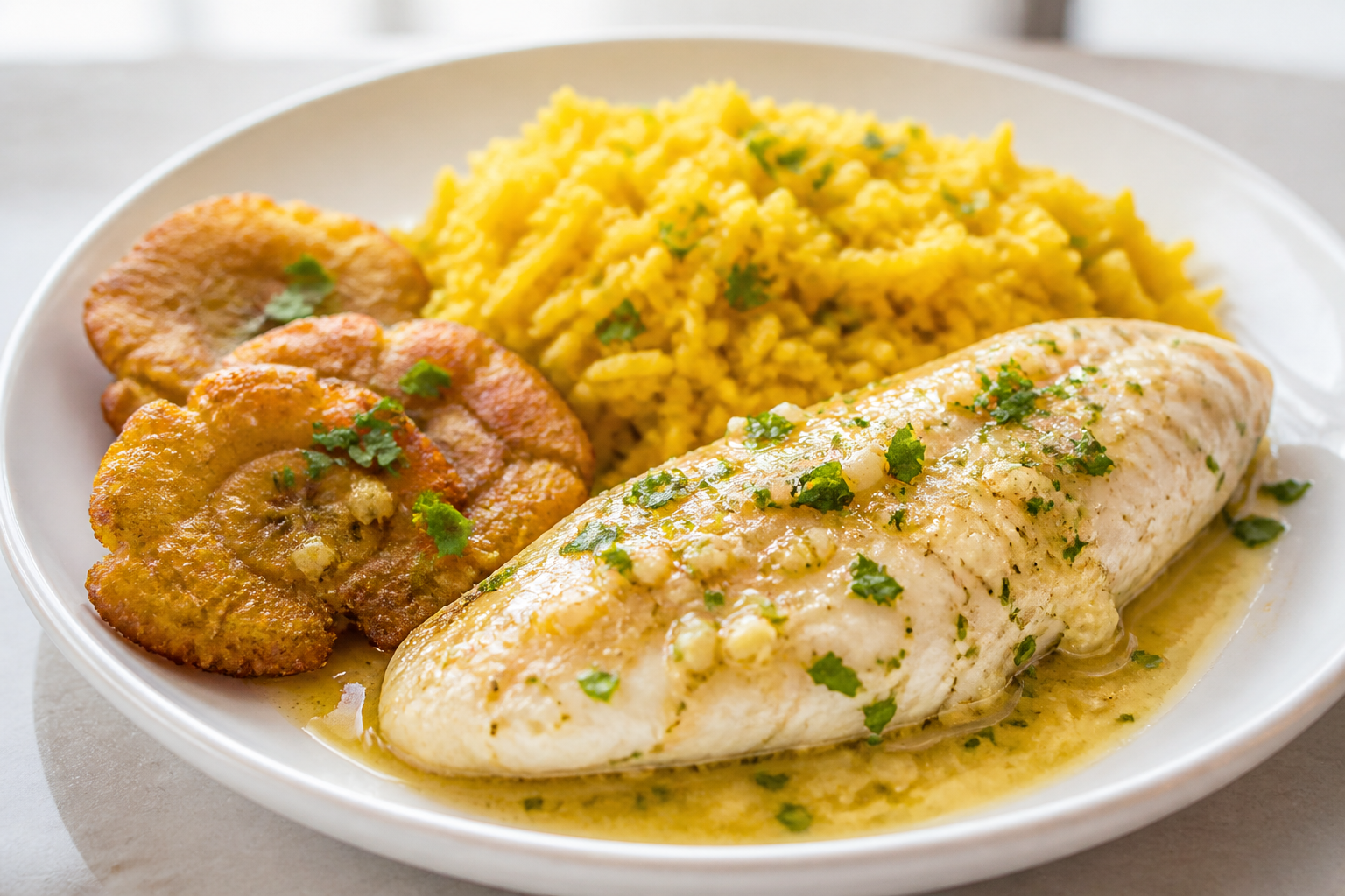 Cuban Fish Fillet in Garlic Citrus Mojo with Yellow Rice and Herb Tostones