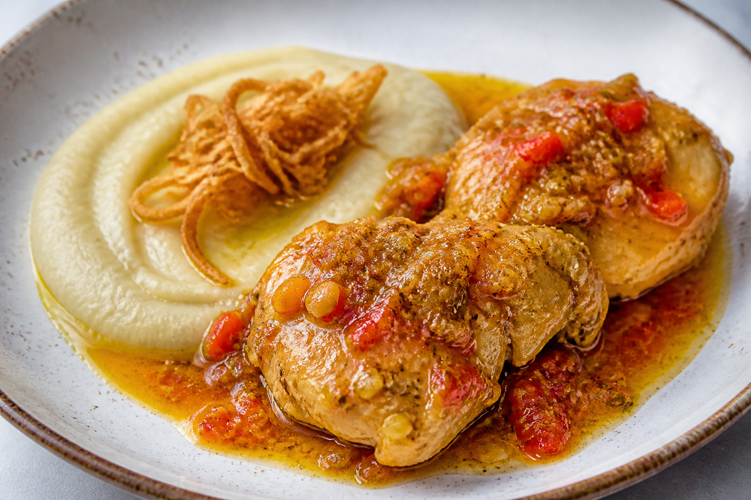 Cuban Chicken in Ají Dulce and Lime Sofrito with Malanga Mash and Crispy Onion
