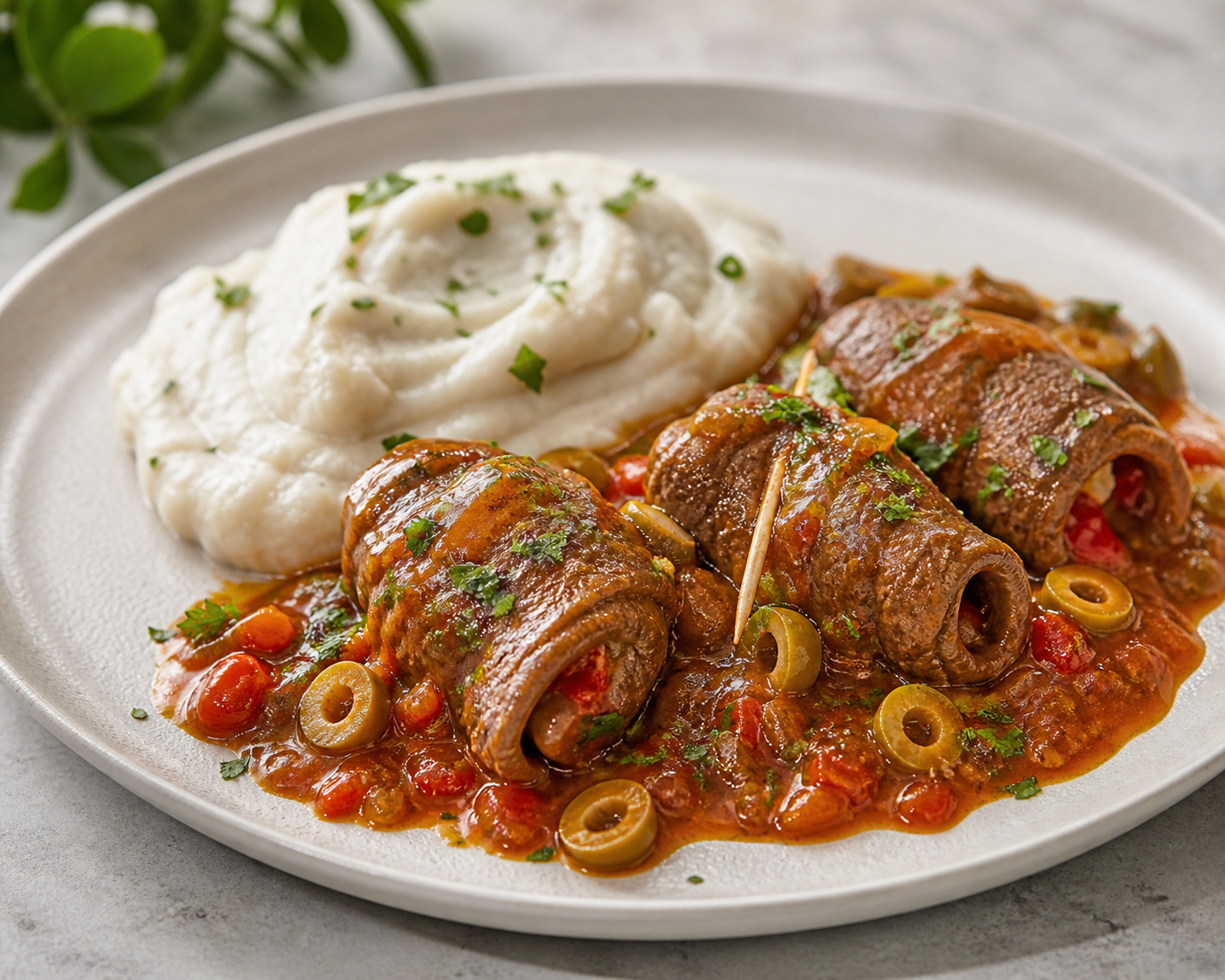 Cuban Beef Roll-Ups in Ají Dulce Sofrito with Malanga Lime Mash