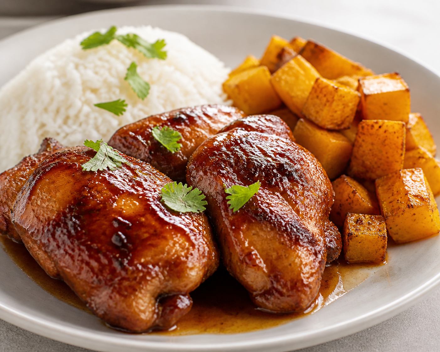 Pollo Cubano Glaseado de Tamarindo y Miel con Arroz de Coco Ligero y Calabaza al Comino
